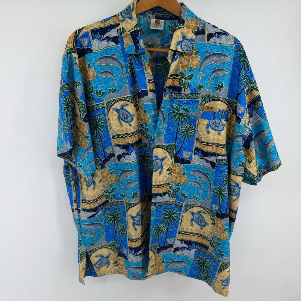 Rima Beachworld Mens Large Blue Sea Turtle Dolphin Hand‎ Painted Hawaiian Shirt